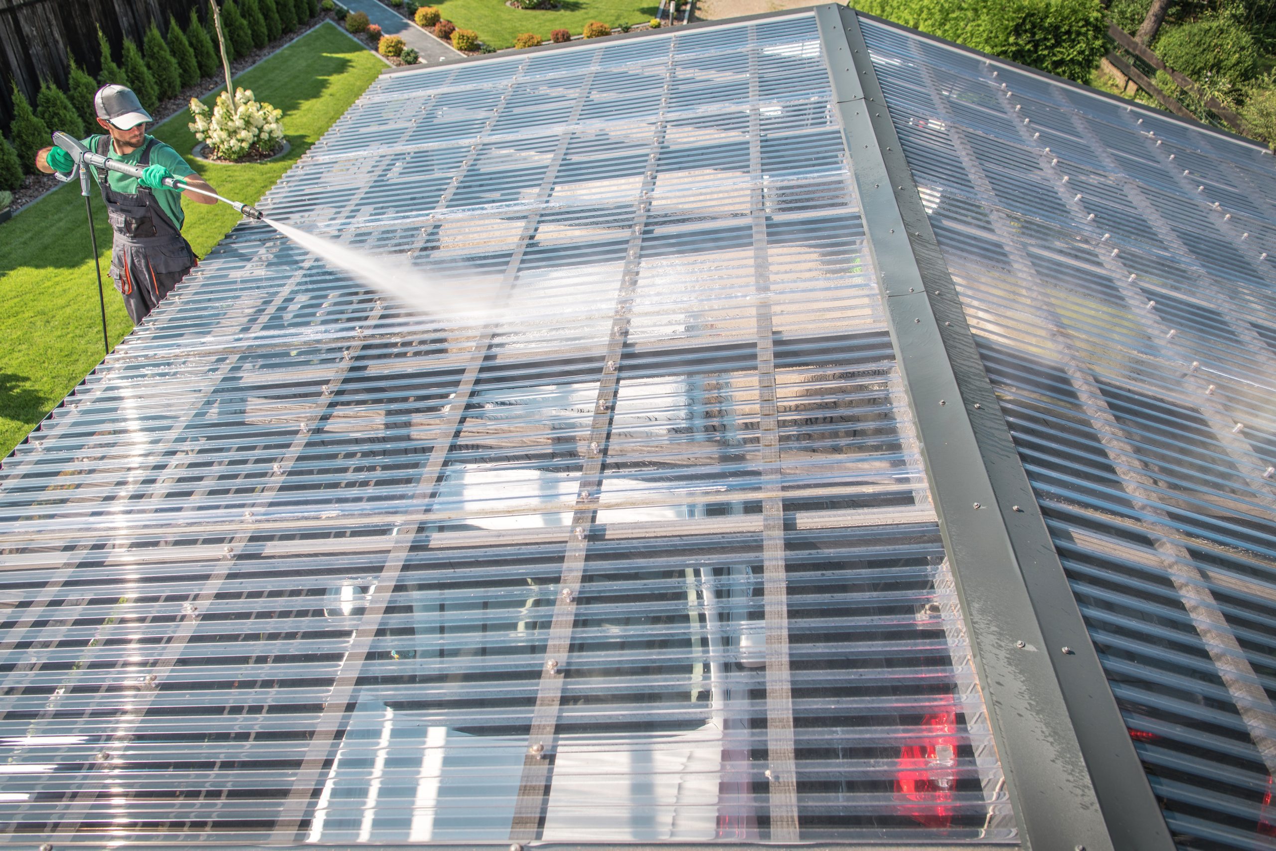 Roof cleaning in progress